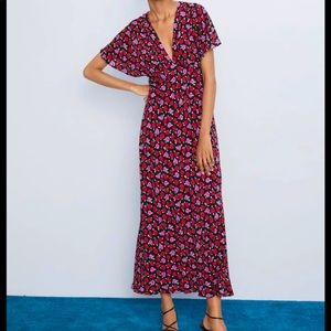 Red and pink floral maxi dress with deep v neck